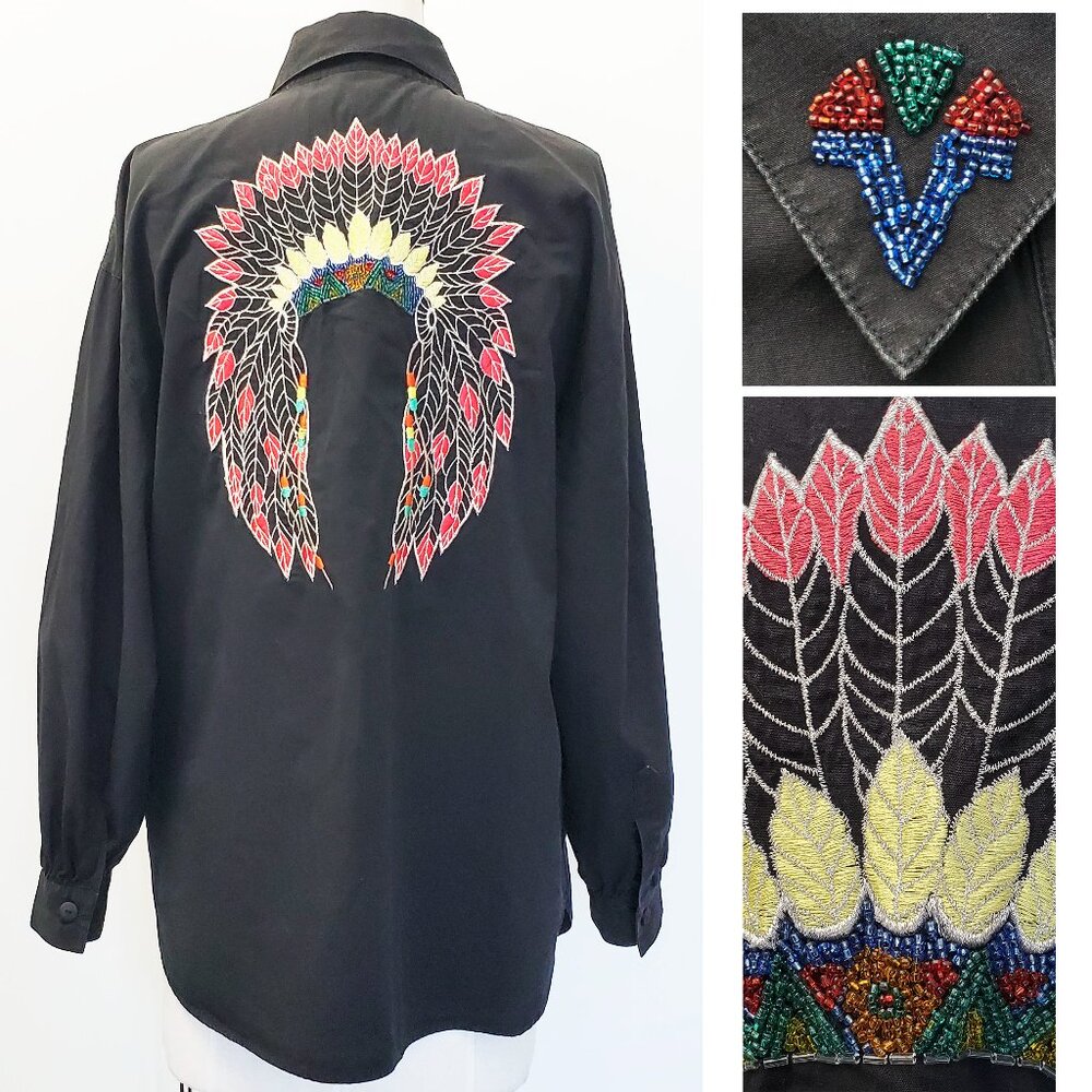 Regina Porter Womens Vintage 80s Native American Eagle Indian Feathers Shirt L